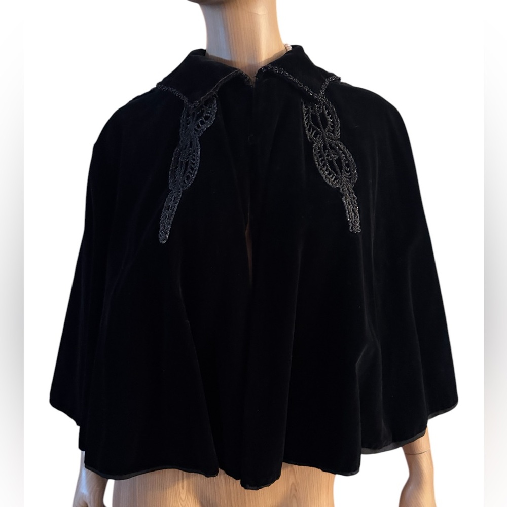 Antique 1890s black caplet, Victorian French Micro Bead mourning cape Velvet
